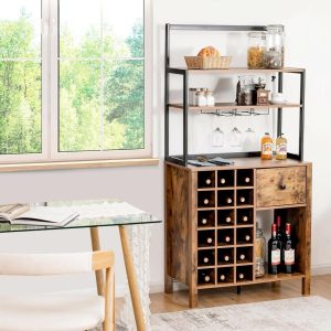 Gymax Rustic Kitchen Bakers Rack Freestanding Wine Rack Table w/ Glass Holder & Drawer