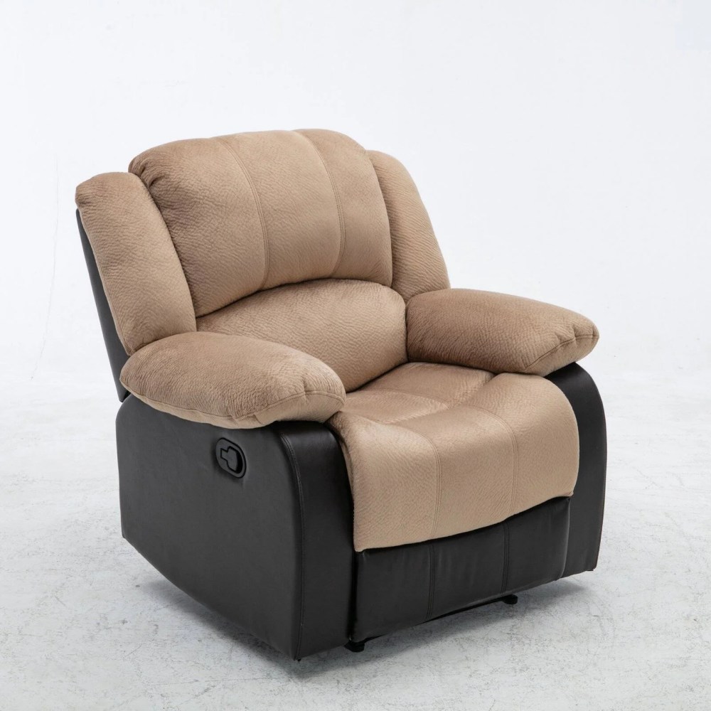 Nathaniel Home Champion Manual Single Reclining Sofa, PU Leather Upholstered Couch, Tufted Recliner, Plush Scoop Seating, for Living Room Home Theater, Beige