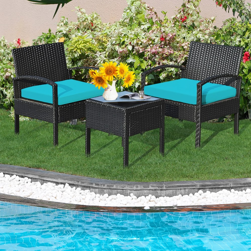 Gymax 3PCS Patio Rattan Conversation Furniture Set Outdoor Yard w/ Turquoise Cushions - Image 5