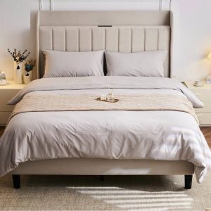 Zimtown Queen Bed Frame with Charging Station,Wingback Platform Bed Frame,Mattress Foundation,Beige