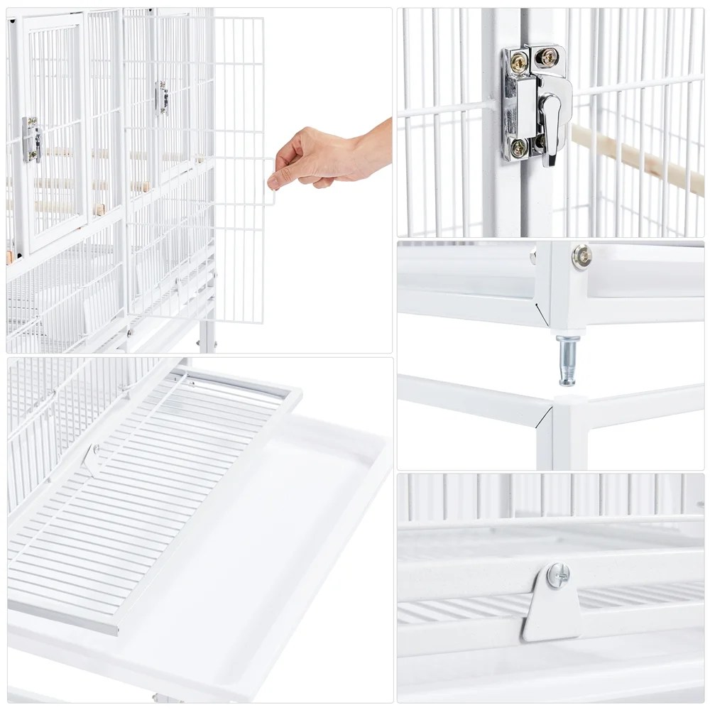 Alden Design Stackable Wide Divided Metal Bird Breeder Cage with Rolling Stand, White - Image 8