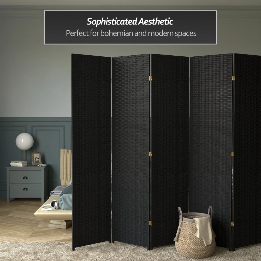 Red Lantern 7 ft. Tall Woven Fiber Folding Screen - Black - 8 Panel - Image 3