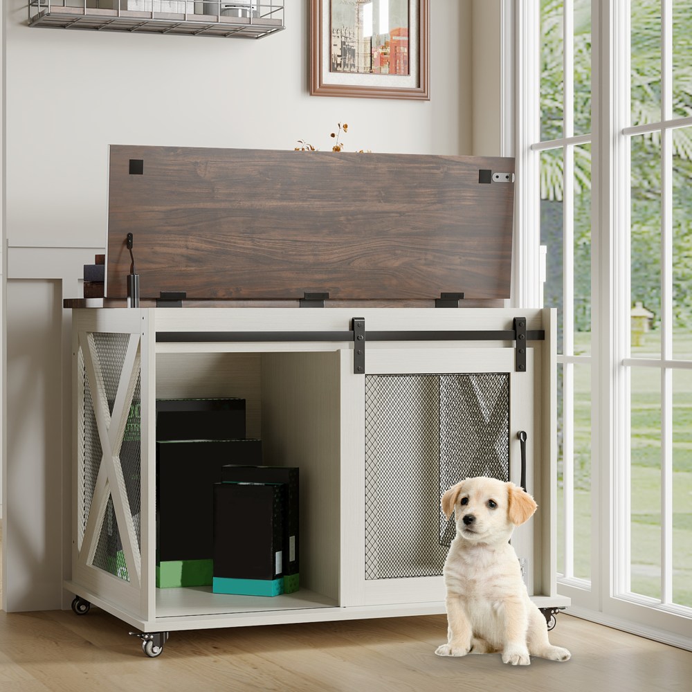37" Stress-Free Dog Crate with Dual Access Sliding Barn Door & Flip Top Design Creates a Cozy Den for Your Pet - Image 16