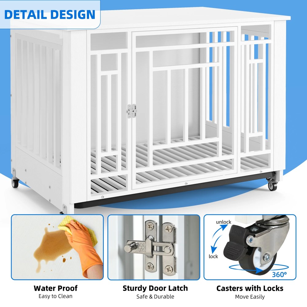Dextrus Medium Dog Crate with Lockable Door, 38" Heavy Duty Metal Dog Crate and Kennel with Removable Tray and Wheels for Small Medium Large Dogs, White - Image 5
