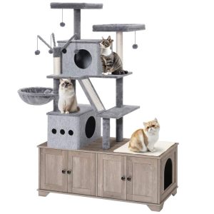HOOBRO Double Litter Box Enclosure with Cat Tree,  45.3" L x 17.7" W x 68.9" H All-in-One Modern Cat Tower with Bed,  Hidden Litter Box Enclosure Furniture,  with Hammock,  Sisal Posts,  Greige BG22MZ