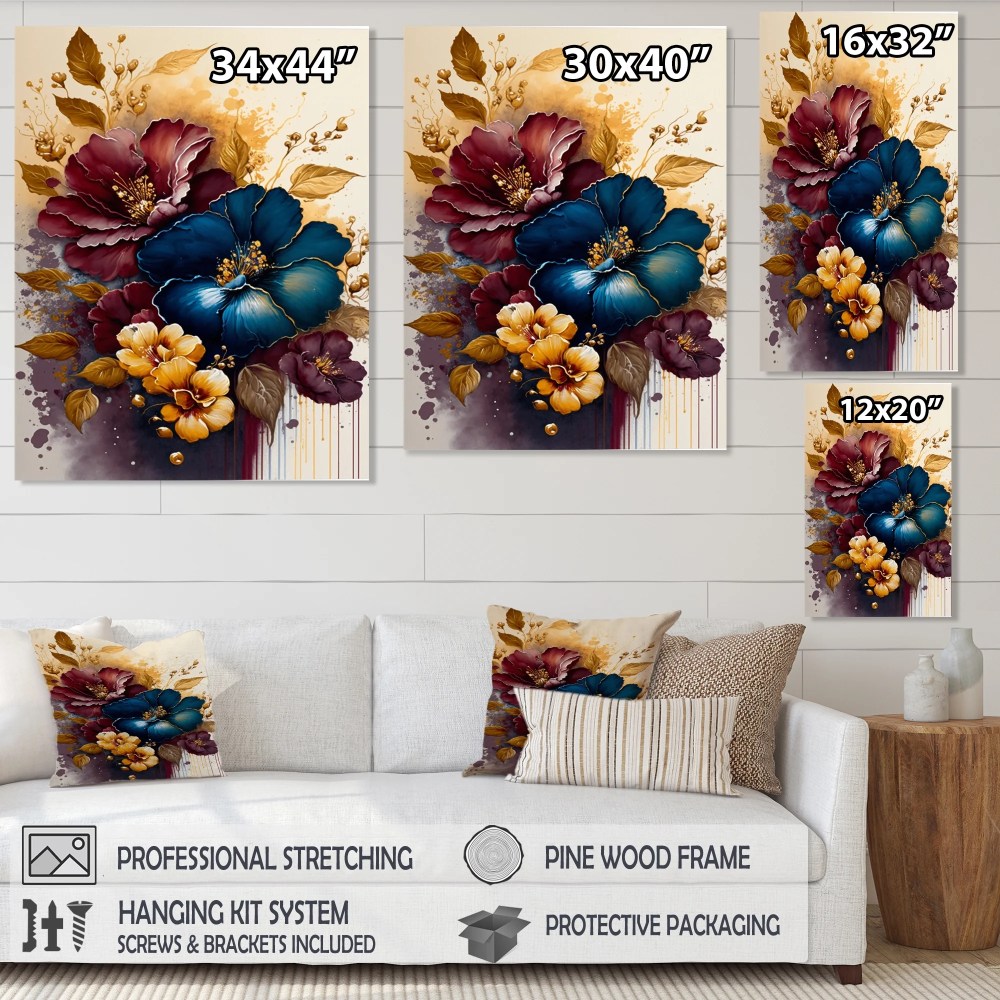 Designart Burgundy And Blue Hibiscus Bunch III Canvas Wall Art - Image 3