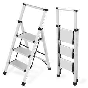 3 Step Ladder Aluminum Lightweight Folding Step Stool,600lbs Max Load Heavy Duty Step Stool with Safety Handrail,Slim Foldable Kitchen Stool for Home Outdoor Work(Sliver)
