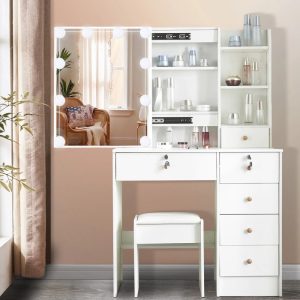 Yamissi Modern Makeup Vanity for Bedroom,Vanity Desk with LED Lighted Sliding Mirror and Stool,Makeup Table with Storage Shelves and Drawers,White