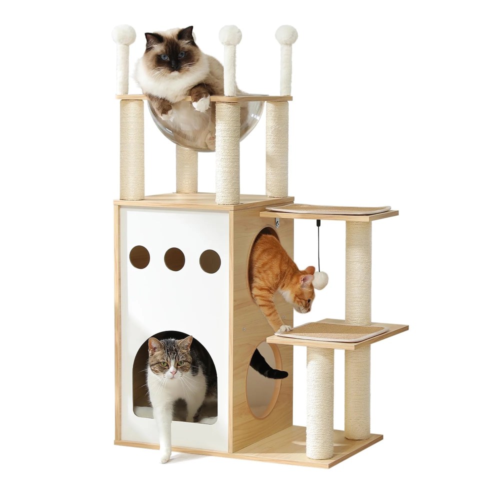 Pefilos 42" Cat Tree House for Multiple Cats, Cat Tower with Double Spacious Condos Perch, Hammock, Kittens Activity Centre, Beige - Image 5