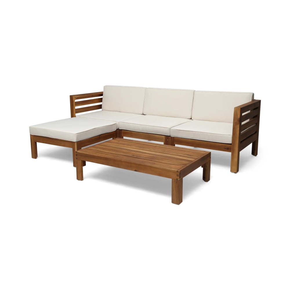 Noble House Cambridge Outdoor 5-Pc Acacia Wood Sofa Set Teak and Beige - Image 4