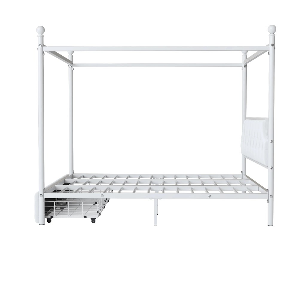Euroco Wood Queen Size Canopy Platform Bed with Four Support Legs and 2 Drawers for Kids Teens Adults, White - Image 9