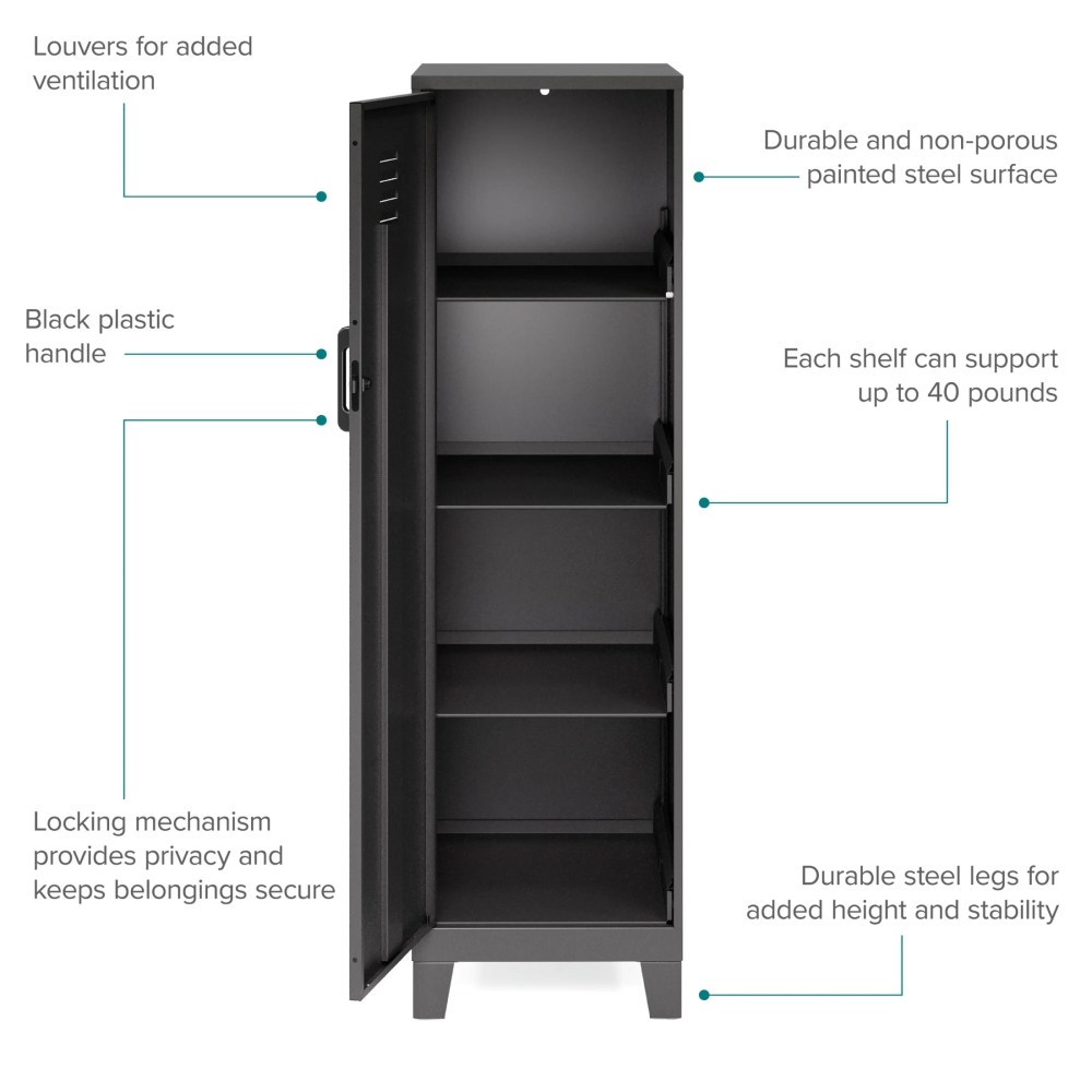 Space Solutions 53.38 inch High 4 Shelf Storage Locker Cabinet, Welded Metal, Fully Assembled, Vented Door, 3 inch Riser Legs, Black - Image 10