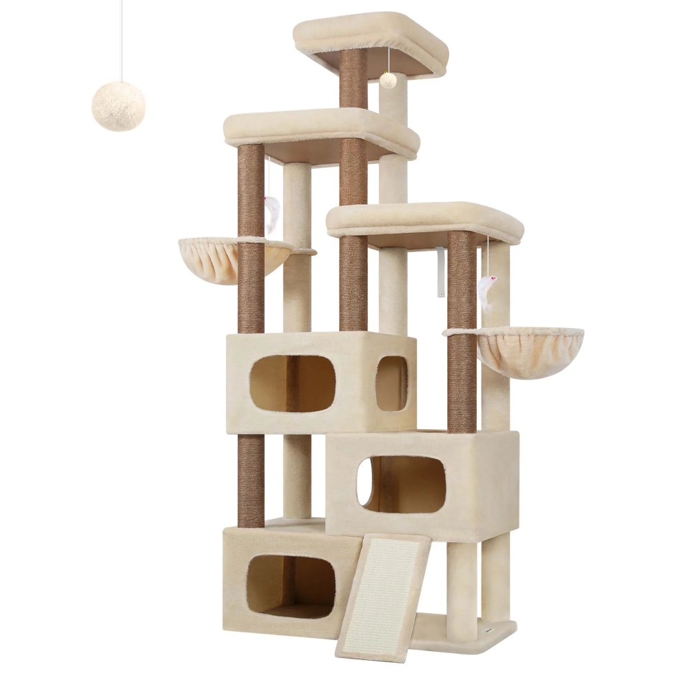 Globlazer Big Cat Tree Tower, 85in Multi-Level Tall Cat Tree Tower Indoor for Multiple Adult Cats with Scratching Post, 3 Perches, 3 Condos, 2 Hanging Basket, S85, Beige - Image 6