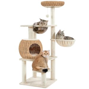 Yaheetech 54" Tall Rattan Cat Tree with Soft Cushion,  Beige