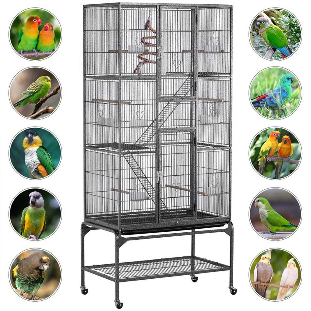 Alden Design 69" H Rolling Extra Large Metal Bird Cage with Detachable Stand for Parrots, Black - Image 2