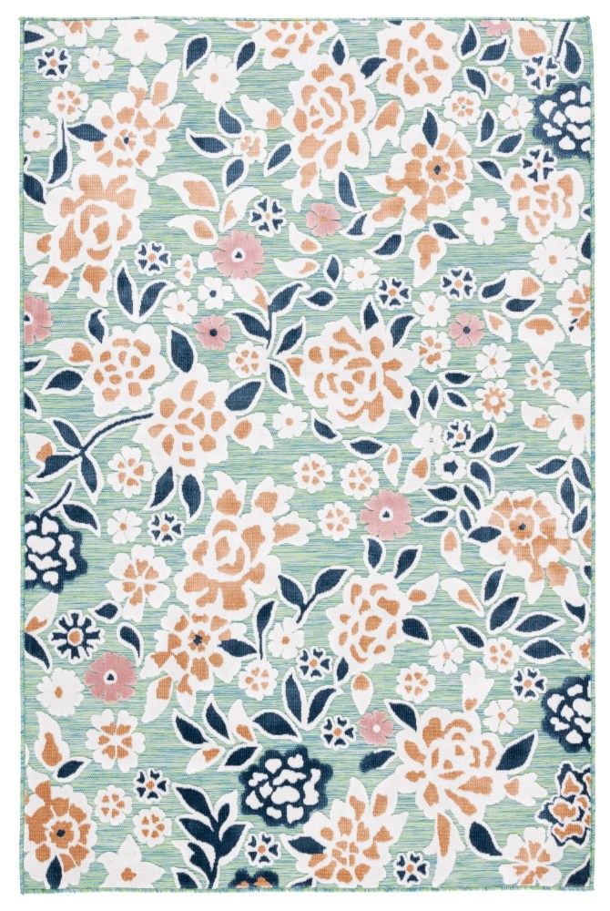SAFAVIEH Cabana Tobias Floral Indoor/Outdoor Area Rug, Green/Navy, 5'1" x 7'6"