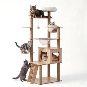 Mekidulu 67" Tall Wooden Cat Tree with Dual Transparent Pods,  7-Level Wood Cat Tower for Large Cats,  Brown B12