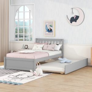 Euroco Twin Size Wood Platform Bed with Trundle for Kids, Gray