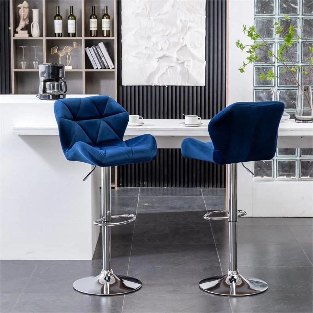 Roundhill Furniture Breni Velvet Diamond Tufted Swivel Adjustable Height Barstool, Set of 2, Blue, Chrome Finish - Image 8