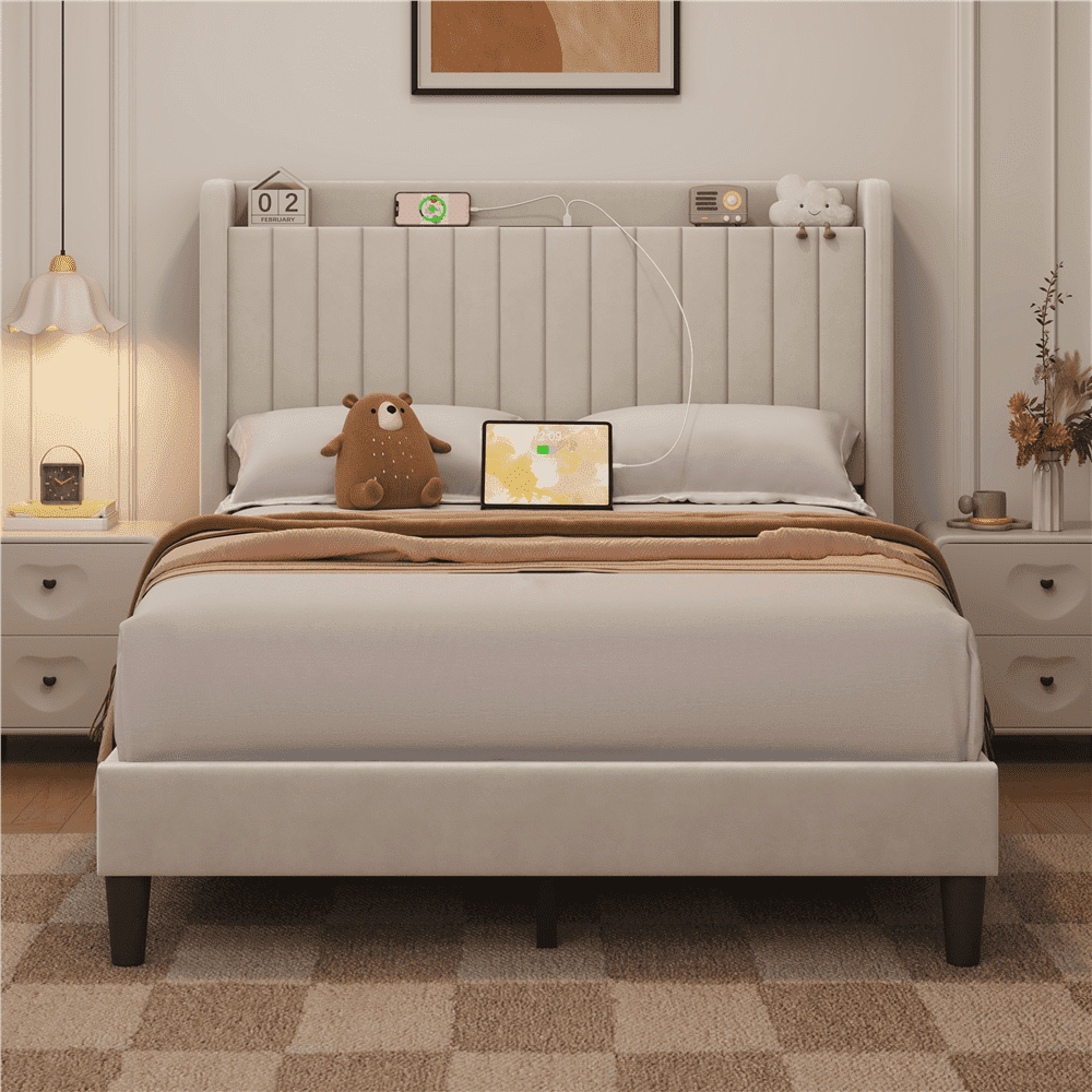 Yaheetech Velvet Platform Bed with Charging Outlets and USB Ports,Full,Beige