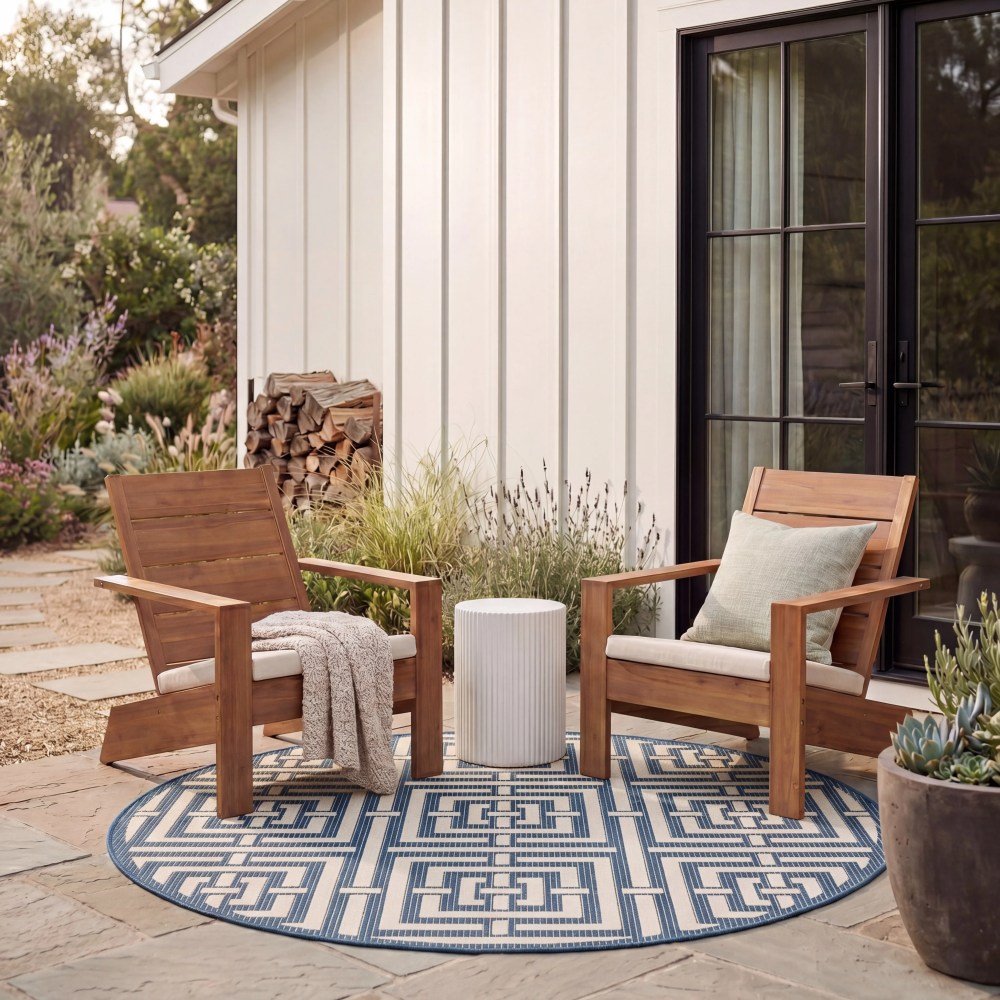 Safavieh Courtyard Ariana Geometric Indoor/Outdoor Area Rug, Navy/Beige, 5'3" x 5'3" Round - Image 4