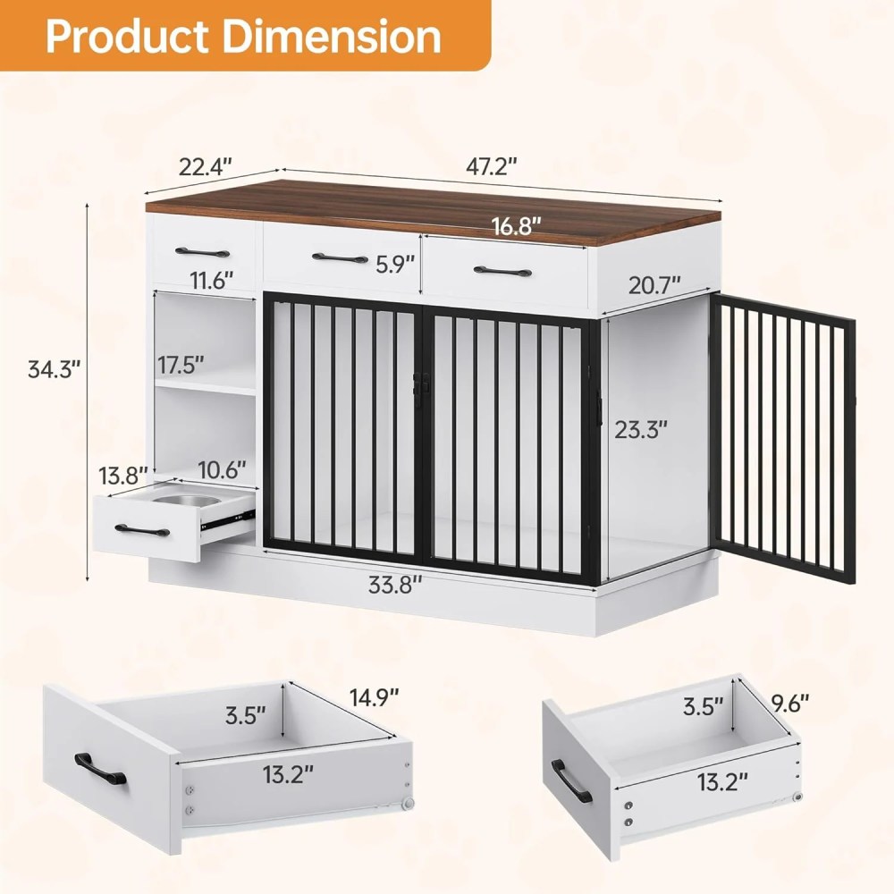 Selooye Large Dog Crate Furniture, Sturdy 2-Door 47.2" Wooden Furniture Style Crate for Dogs with 3 Storage Drawers and Hidden Feeding Bowl - Image 9