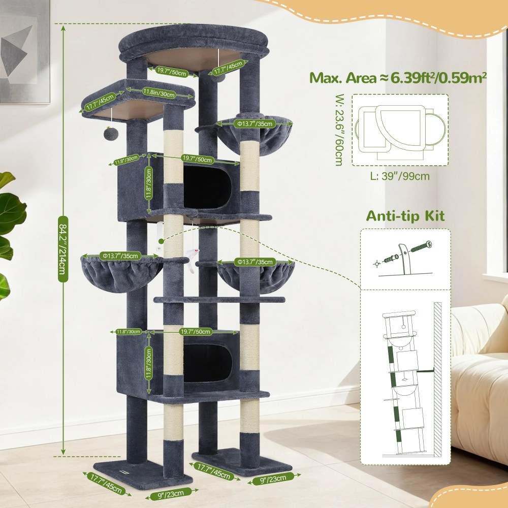 Globlazer 84" Multilevel Large Cat Tree Tower for Indoor Cats with 2 Condos, 3 Hanging Baskets & 8 Scratching Posts, Dark Gray - Image 10