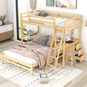 EUROCO Twin over Full Bunk Bed with Desk and Drawers, Natural
