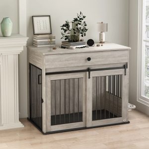 WHIFEA Modern Wooden Dog Crate Furniture with Sliding Barn Door & Side Access,  Rotating Feeder Kennel for Medium-Large Dogs,  Farmhouse Style,  Grey