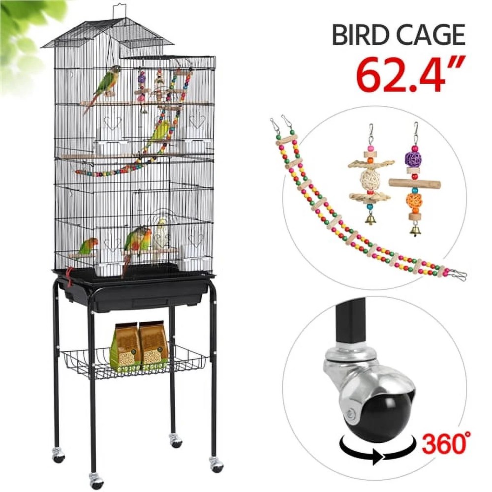 Alden Design 62.4"H Metal Rolling Mid-Size Bird Cage with Detachable Stand, Black - Image 2