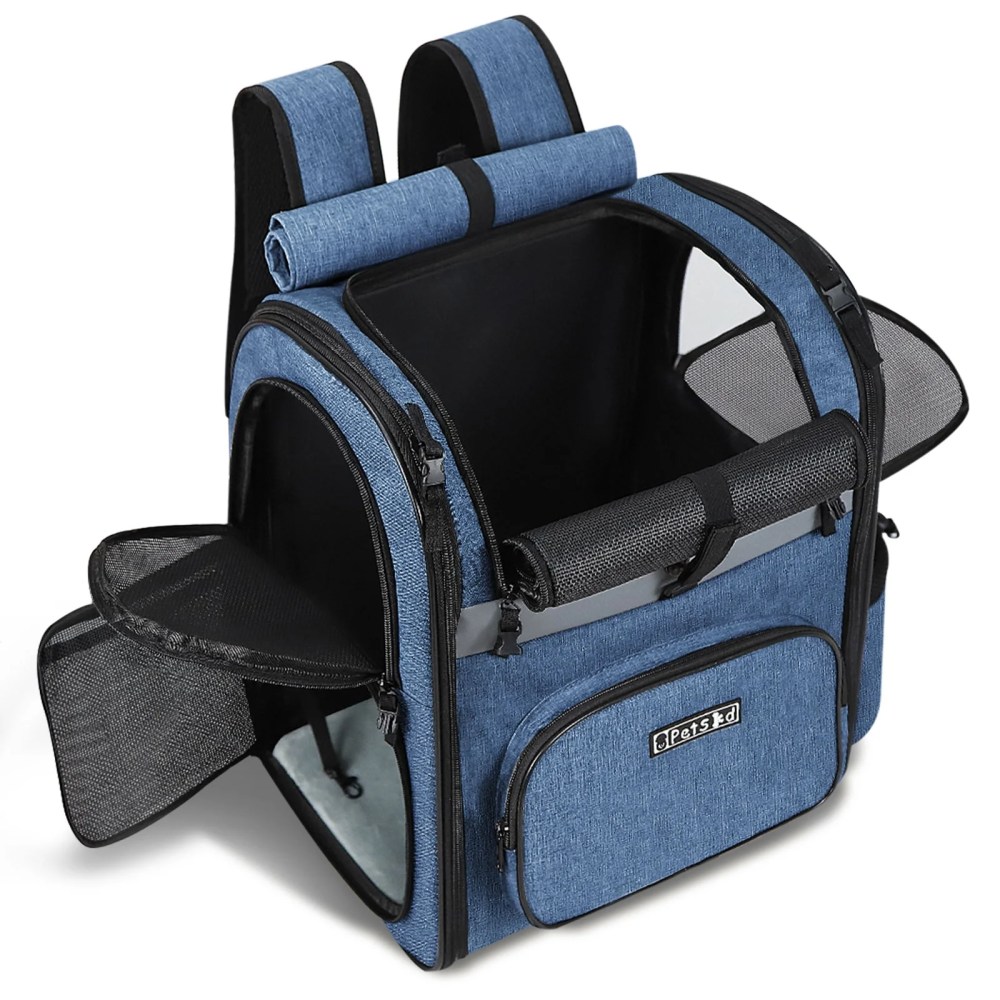 PETSKD Pet Carrier Backpack for Dogs Cats, 13x11x16.5 inches Outdoor Travel Backpack with with Safety Lock Zipperl, Large Space Foldable Backpack for Pets Under 20 lbs, Blue
