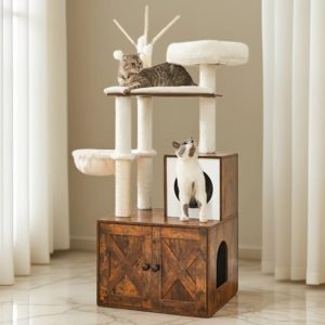 LEDREM 2-in-1 Cat Tree with Litter Box Enclosure - 55.1" Modern Cat Tower,  Scratching Posts,  Space-Saving Design,  Rustic Brown