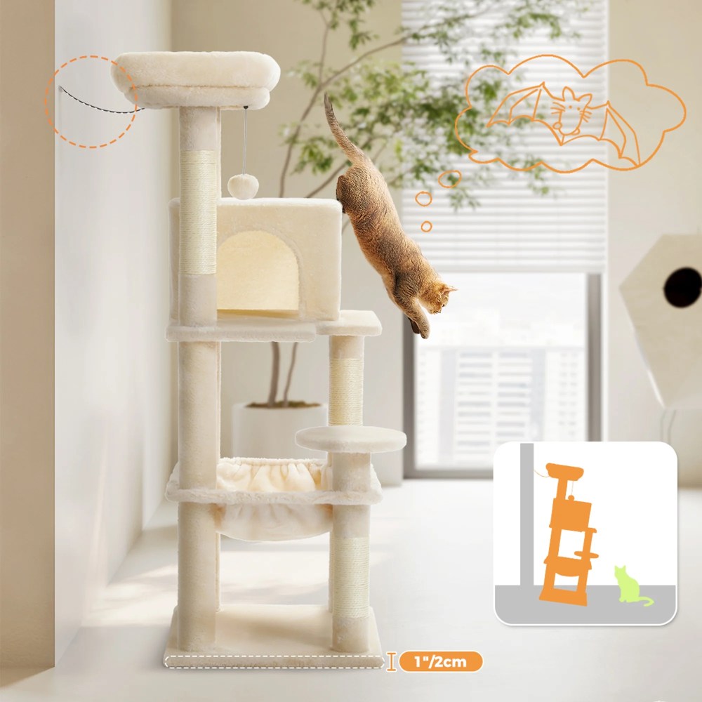 Pefilos 45" Cat Tree Tower for Indoor Cats, 5-Level Cat Condo for Large Cats with Large Hammock, Big Top Perch and 4 Sisal Covered Scratching Pos, Beige - Image 7