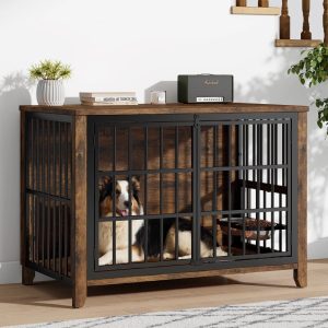 Laintene 37" Dog Crate Furniture with Bowls,  Wooden Dog Crate Indoor,  Inside Dog Kennels for Medium Large Dogs,  Heavy Duty Dog Cage Table,  Brown