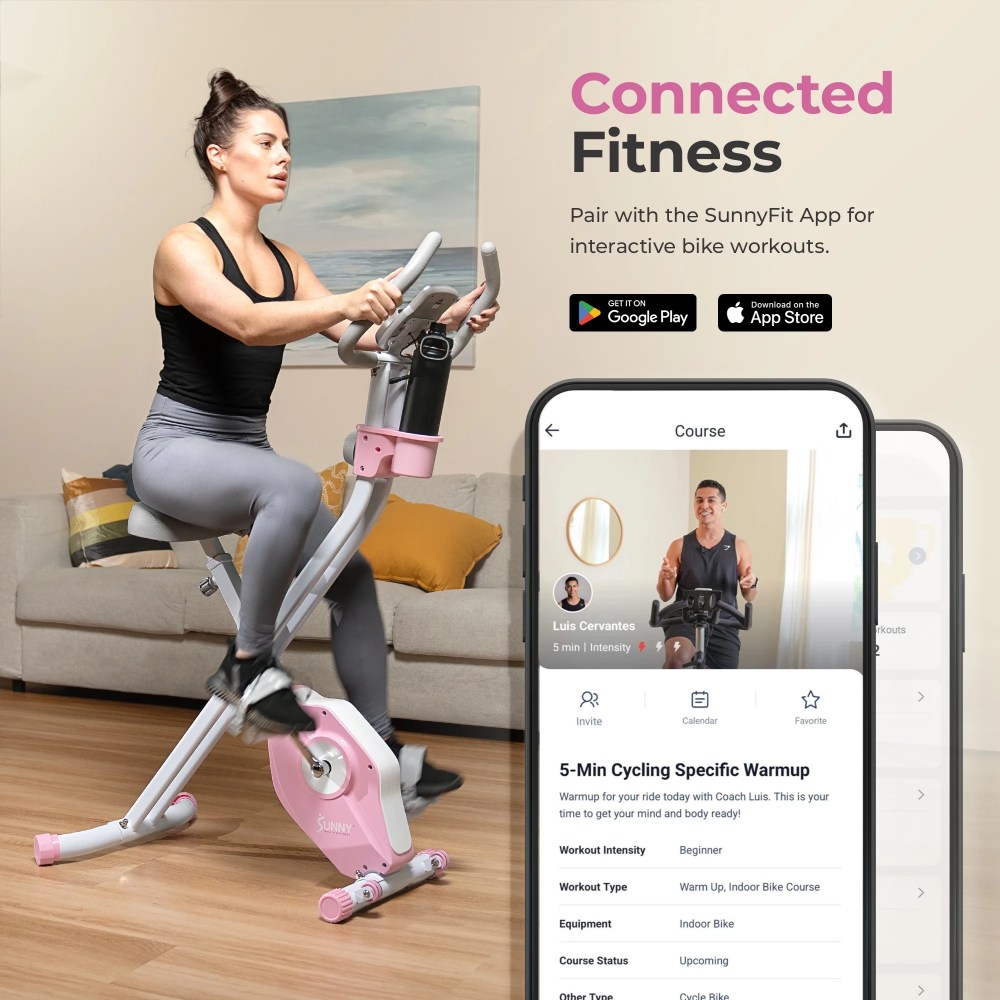 Sunny Health & Fitness Foldable Pink Magnetic Exercise Cycling Upright X-Bike Pro, 300LB Capacity w Smart Bluetooth & FREE SunnyFit App - P2320 - Image 4