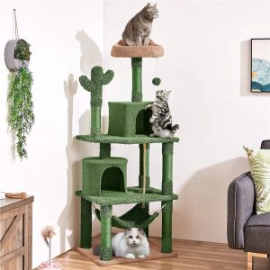 Yaheetech 62.5" Multi-Level Cactus Cat Tree with Perch,  2 Condos & Hammock,  Green/Brown