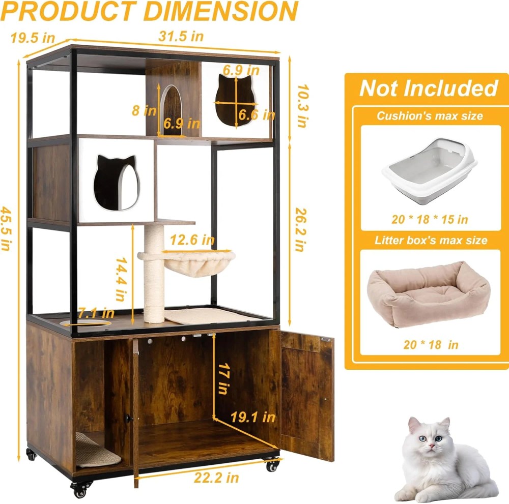 PETSCOSSET Cat Tree with Hidden Litter Box Enclosure, Climbing Platforms, Condo Hammock, and Scratching Post - Image 5