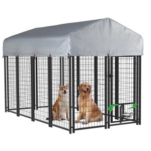 Waleaf 8x4x4 ft Outdoor Dog Kennel Cage for Large Dogs, Large Dog Kennel with Rotating Bowls for Outdoor, Pet Dog Run Enclosures for Dog Crate with Waterproof UV-Resistant Cover and Secure Lock