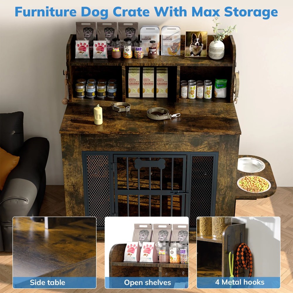 Behost 34" Dog Crate Furniture for Small /Medium Dogs with LED Light Feeding Bowls, Dual-Layer Storage, Decorative Dog Kennel for Indoor , Rustic Brown - Image 5