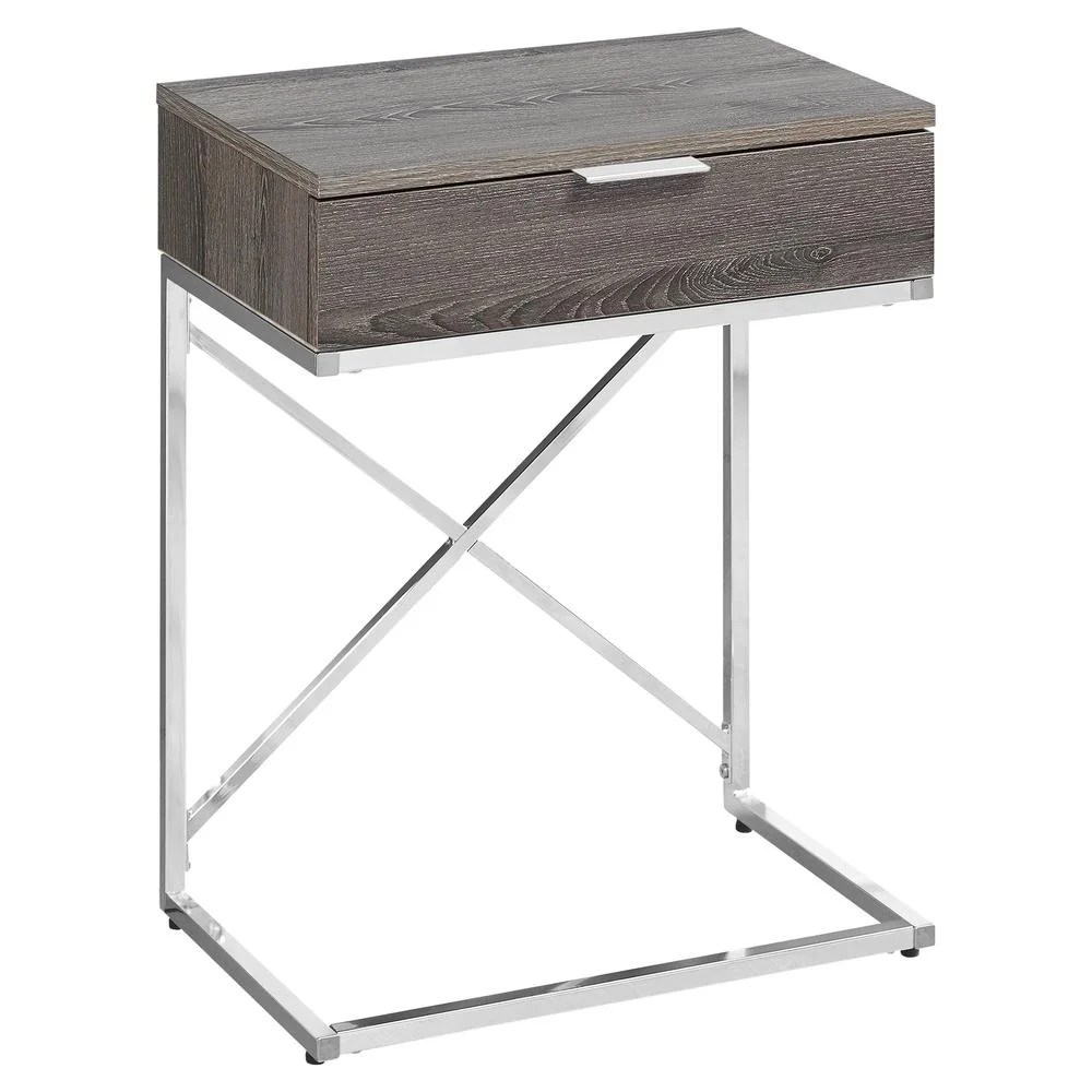 ACCENT END TABLE - 24"H / DARK TAUPE / CHROME METAL WITH DRAWER