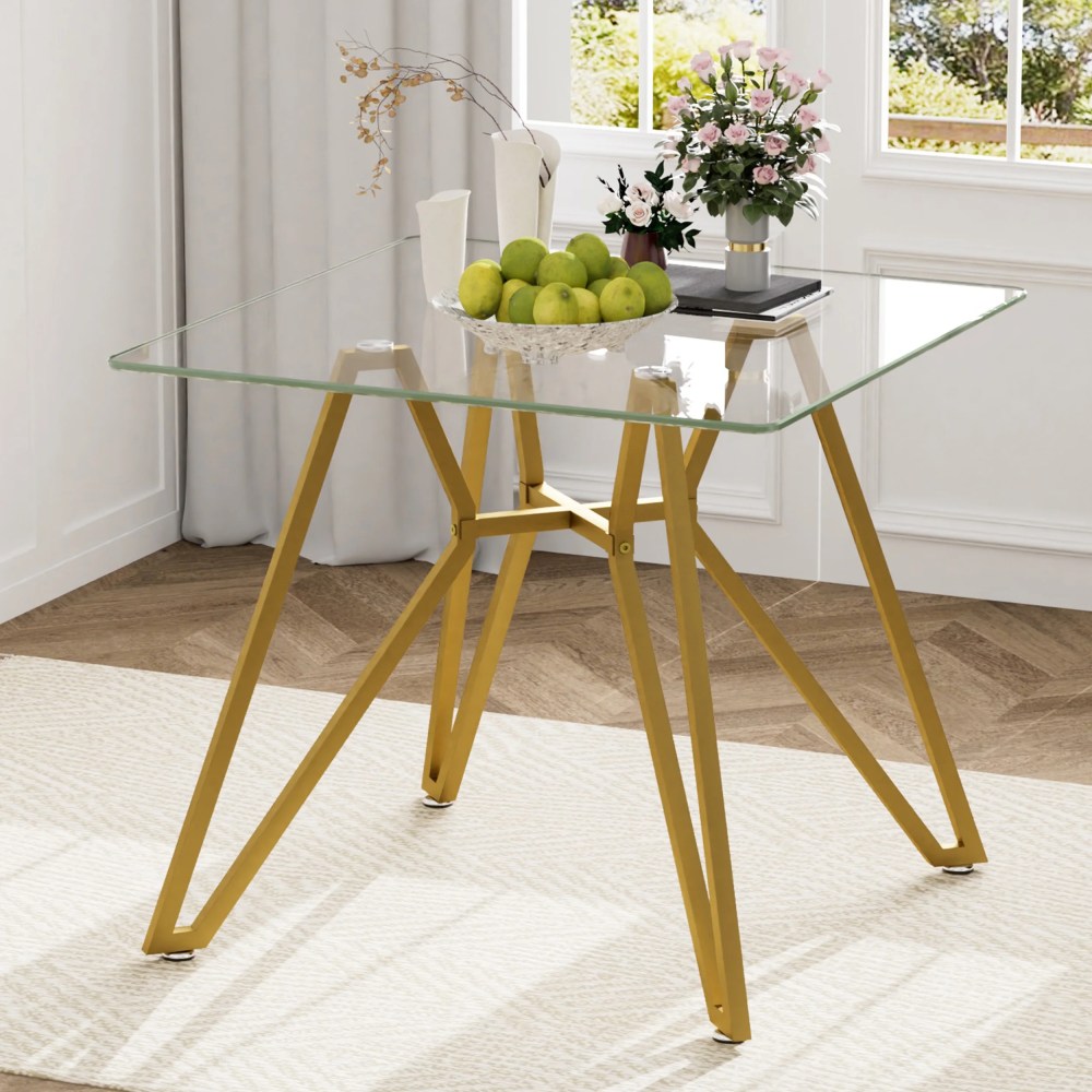 35" Square Dining Table for 4,Tempered Glass Kitchen Table,Paproos Dining Room Table,Dinner Table with Metal Legs for Kitchen,Dining Living Room,Transparent & Gold(Only Table)