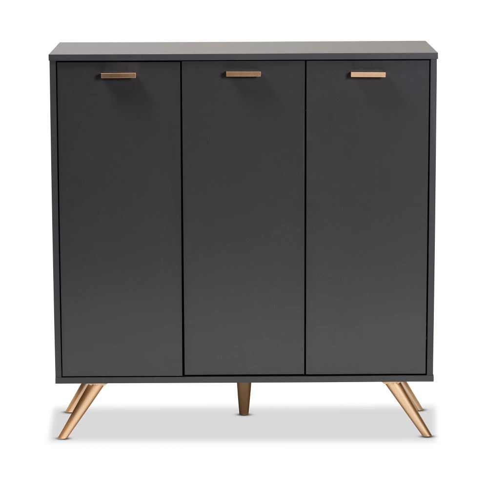 Baxton Studio Kelson Modern and Contemporary Dark Grey and Gold Finished Wood 3-Door Shoe Cabinet - Image 3