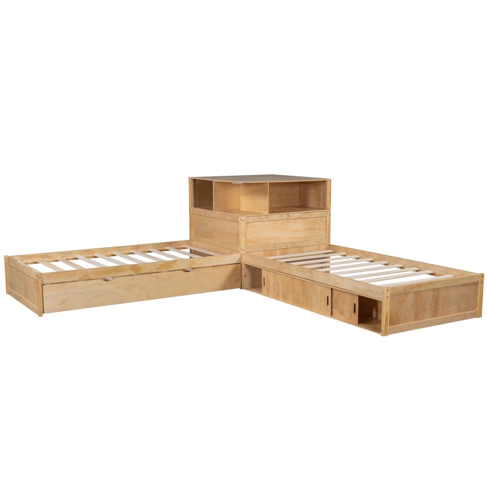 Euroco Pine Wood L-Shaped Twin Platform Bed with Storage Desk, Cabinets, Trundle and LED Light for Kids Teens, Natural - Image 14