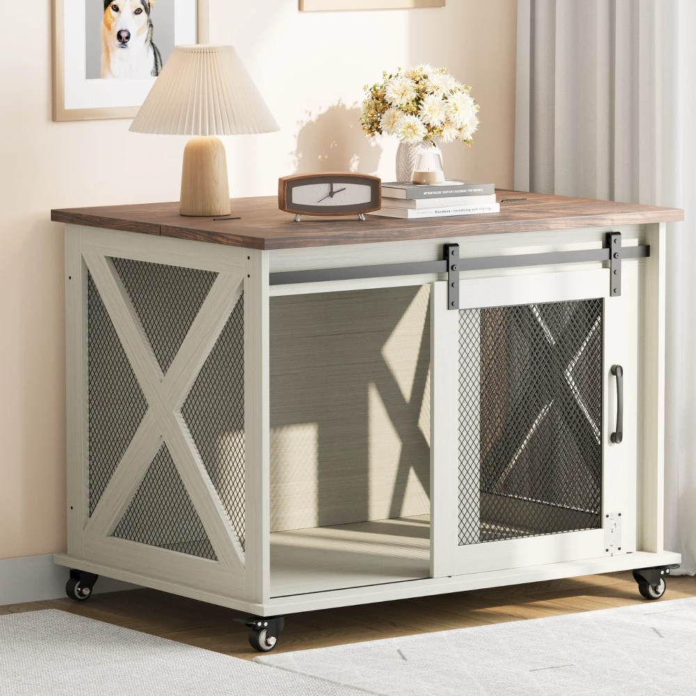 37" Stress-Free Dog Crate with Dual Access Sliding Barn Door & Flip Top Design Creates a Cozy Den for Your Pet - Image 31