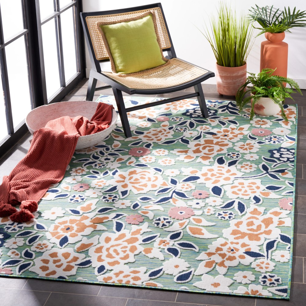 SAFAVIEH Cabana Tobias Floral Indoor/Outdoor Area Rug, Green/Navy, 5'1" x 7'6" - Image 7