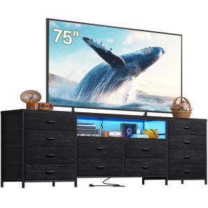 63" W 12-Drawers Dresser TV Stand for 65/70/75 Inch TVs,Black Entertainment Center with LED Lights & Power Outlets, Fabric Drawers for Bedroom, Living room