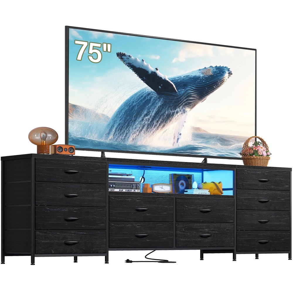 63" W 12-Drawers Dresser TV Stand for 65/70/75 Inch TVs,Black Entertainment Center with LED Lights & Power Outlets, Fabric Drawers for Bedroom, Living room
