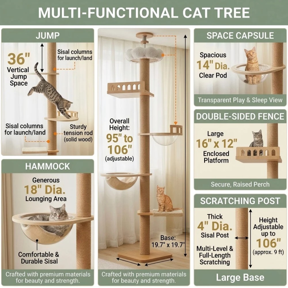 Mekidulu 95in-108in Adjustable Floor to Ceiling Cat Tree with 4.3in Posts, Wood Indoor Tower, Natural - Image 2