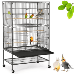 Yaheetech 52"H Metal Rolling Bird Cage with 3 Perches & 4 Feeders & Extra Storage Shelf,  Black