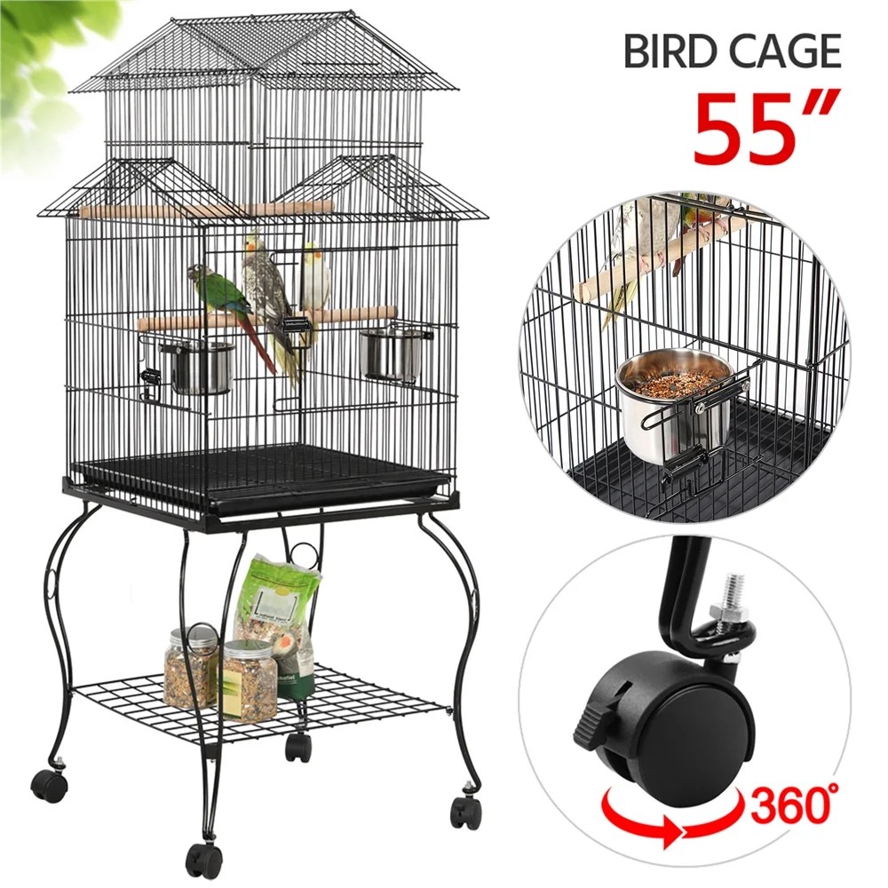Renwick 55" Metal Rolling Bird Cage With Stand, Black